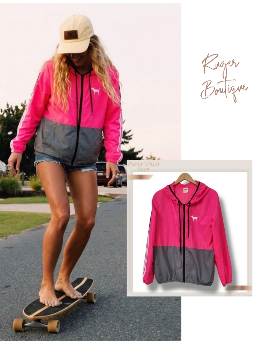 🌿Victoria's Secret Women's Med/Large Anorak Oversized Pink & Gray Wind Breaker